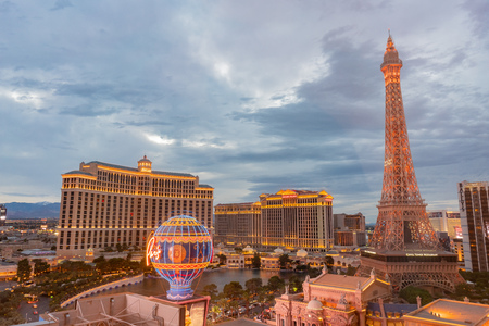 Los Angeles, MAY 15:  Twilight aerial view of the Paris Las Vegas and Bellagio Hotel and Casino on MAY 15, 2019 at Los Angeles, Californiaのeditorial素材