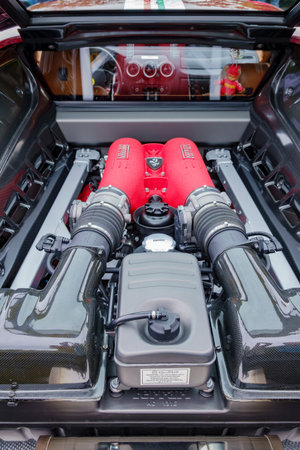 Los Angeles, JUN 2: Close up shot of a beautiful Ferrari engine on JUN 2, 2019 at Los Angeles