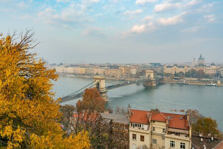 Afternoon aerial view of the famous SzÃÂ©chenyi Chain Bridge at Budapest, Hungaryの写真素材