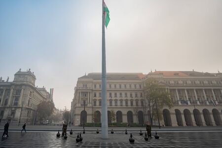 Budapest, NOV 9: Exterior view of the plaza of Hungarian Parliament Building in a haze morning on NOV 9, 2018 at Budapest, Hungaryのeditorial素材