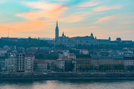 Sunset view of the Matthias Church and River Danube bank at Budapest, Hungaryのeditorial素材