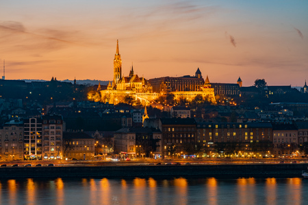 Night view of the Matthias Church and River Danube bank at Budapest, Hungaryのeditorial素材