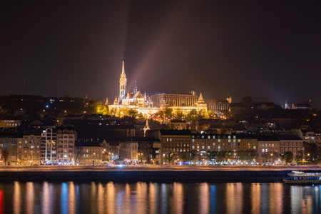Night view of the Matthias Church and River Danube bank at Budapest, Hungaryのeditorial素材