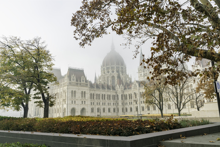 Foggy view of the Hungarian Parliament Building in a haze morning at Budapest, Hungaryのeditorial素材