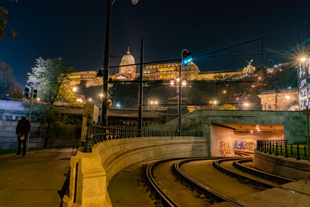 Night view of the Hungarian Parliament Building and railway at Budapest, Hungaryのeditorial素材