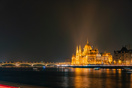 Night view of the Hungarian Parliament Building and River Danube bank at Budapest, Hungaryのeditorial素材