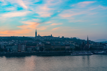 Sunset view of the Matthias Church and River Danube bank at Budapest, Hungaryのeditorial素材