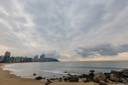 Morning view of the Haeundae Beach and cityscape at Busan, South Korea