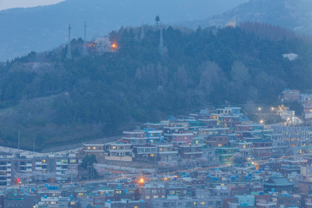 Night aerial view of the Busan cityscape from Busan Tower at Busan, South Koreaのeditorial素材