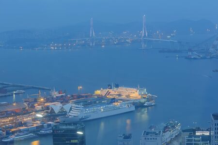 Busan, APR 2: Night aerial view of the Busan cityscape from Busan Tower on APR 2, 2014 at Busan, South Koreaのeditorial素材