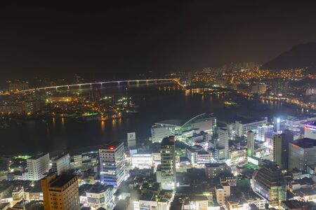 Busan, APR 2: Night aerial view of the Busan cityscape from Busan Tower on APR 2, 2014 at Busan, South Korea