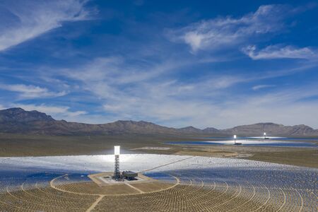 Aerial view of the solar tower of the Ivanpah Solar Electric Generating System at Californiaの写真素材