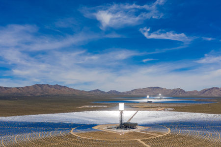 Aerial view of the solar tower of the Ivanpah Solar Electric Generating System at California