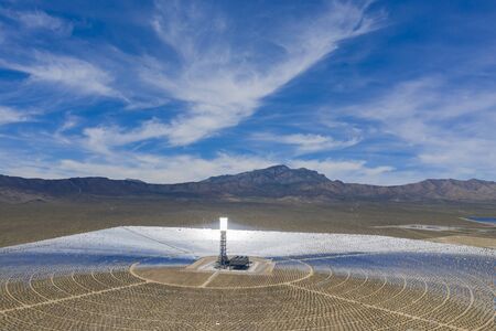 Aerial view of the solar tower of the Ivanpah Solar Electric Generating System at Californiaの写真素材