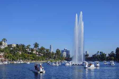 Los Angeles, JUL 13: Afternoon view of the famous Los Angeles downtown skyline in Echo Park in Echo Park on JUL 13, 2019 at Los Angeles, Californiaのeditorial素材