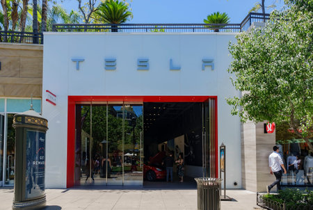 Glendale, JUN 30: Afternoon view of the famous Tesla store in Americana at Brand shopping mall on...