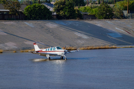 El Monte, JUN 27: Airplane landed at Rio Hondo wash canal, and police, firefigther were standby on...