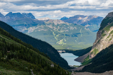 Aerial view of the beautiful Fairmont Chateau Lake Louise and Lake Louise at Banff, Canadaのeditorial素材