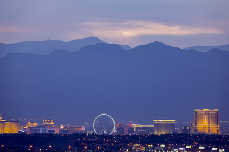 Aerial sunset high angle view of the downtown Las Vegas Strip at Nevadaのeditorial素材