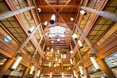 Montana, AUG 25: Interior view of the Many Glacier Hotel of the famous Glacier National Park on AUG 25, 2019 at Montanaのeditorial素材