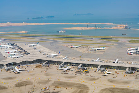 Hong Kong, OCT 20: Aerial view of the famous Hong Kong International Airport on OCT 20, 2019 at Hong...