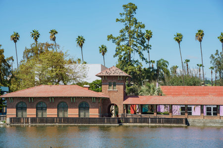 Los Angeles, MAR 23: Sunny view of a building, lake in Lincoln Park on MAR 23, 2017 at Los Angeles