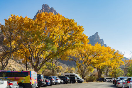 Utah, NOV 11: Car parking lot of the Zion National Park visitor center on NOV 11, 2019 at Utahのeditorial素材
