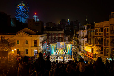 Macau, DEC 24: Night special Christmas Eve event in front of the Ruins of St. Paul's on DEC 24, 2019 at Macau, Chinaのeditorial素材