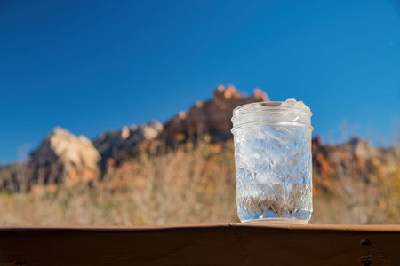 Close up shot of a cup of cold ice water at Sedona, Arizona