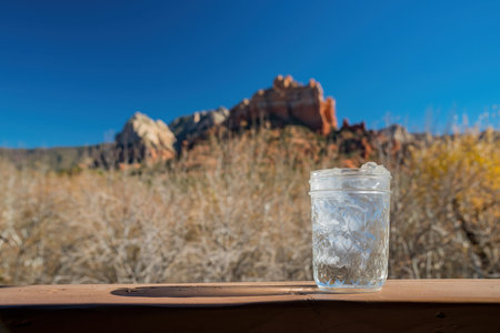 Close up shot of a cup of cold ice water at Sedona, Arizona