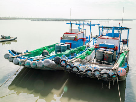 Morning view of a traditional oyster farm at Yunlin, Taiwan