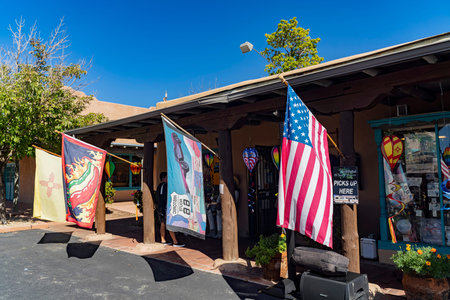 Albuquerque, OCT 5: Exterior view of some stores in the Old Town Plaza on OCT 5, 2019 at...