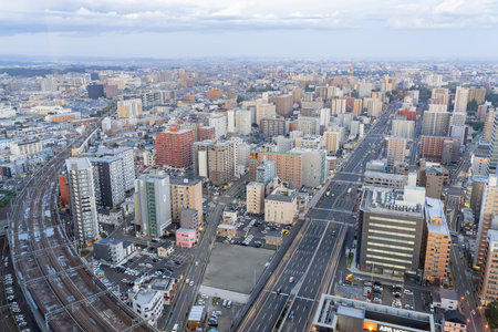 Sendai, OCT 23: Sunset aerial view of the downtown cityscape on OCT 23, 2019 at Sendai, Japan