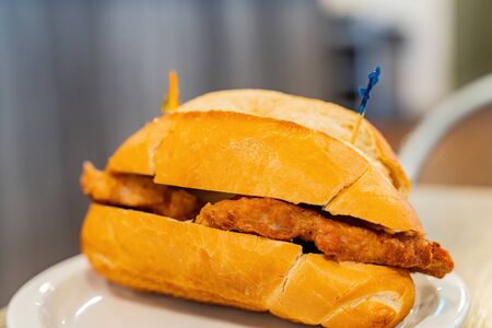 Close up shot of Macau style pork chop bun, ate at Los Angeles, Californiaの写真素材