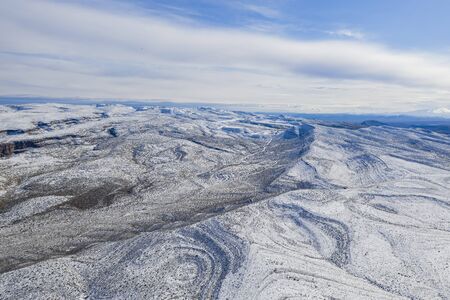 Aerial view of the winter snowy landscape of the famous Red Rock Canyon National Conservation Area near Las Vegas, Nevadaの写真素材