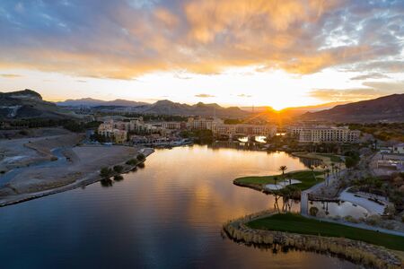 Sunset aerial view of the beautiful Lake Las Vegas area at Nevadaの写真素材