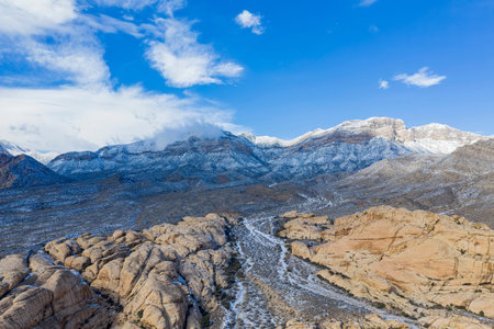 Winter snowy landscape of the famous Red Rock Canyon National Conservation Area near Las Vegas,...