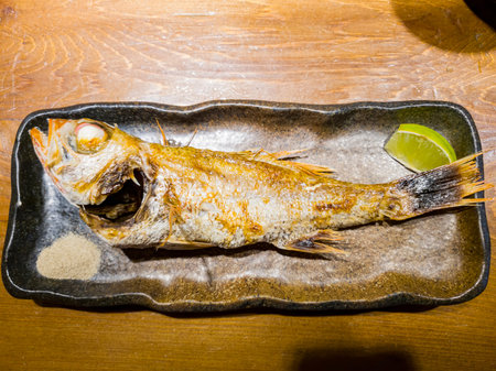 Close up shot of a fried fish at Taipei, Taiwan