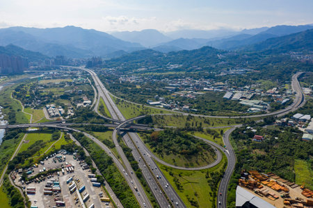Aerial sunny view of the Xindian District cityscape at Taipei, Taiwan