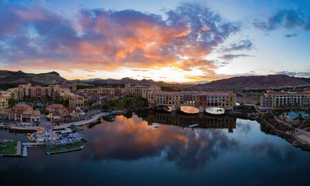 Sunset aerial view of the beautiful Lake Las Vegas area at Nevadaのeditorial素材