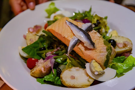 Close up shot a plate of delicious salmon salad, ate at London, United Kingdom