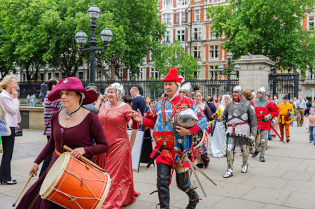 London, JUL 8: People dress up in medieval clothes doing performance in front of The British Museum...
