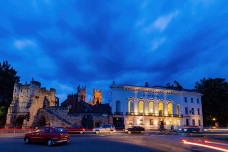 York, JUL 15: Night view of the Bootham Bar gateway and The De Grey Rooms on JUL 15, 2011 at York, United Kingdomのeditorial素材