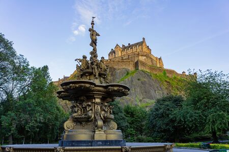 Afternoon sunny view of the Ross Fountain and Ediburgh Castle at Edinburgh, United Kingdomのeditorial素材