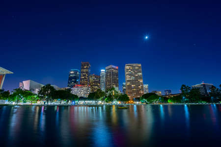 Los Angeles, JUL 10: Night view of the downtown skyline on JUL 10, 2016 at Los Angeles, Californiaのeditorial素材