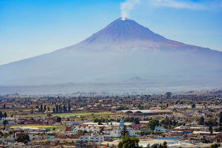 Aerial view of The beautiful Popocatepetl Mountain with smoke, Cholula, Mexicoのeditorial素材