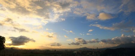 Sunset landscape of the JingMei area from Xianjiyan at Taipei, Taiwanの写真素材
