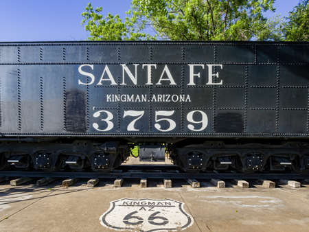 Kingman, MAY 23, 2020 - Sunny view of the beautiful train display in the Locomotive Parkのeditorial素材