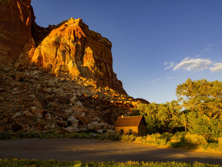 Beautiful sunset view of the Fruita Schoolhouse of Capitol Reef National Park at Utahの写真素材