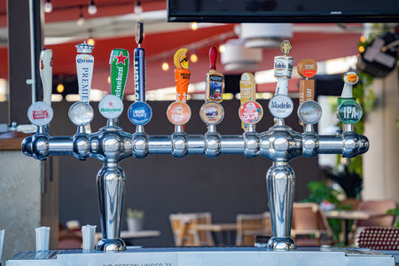 Las Vegas, JUN 30, 2020 -Close up shot of many different taste beer tap